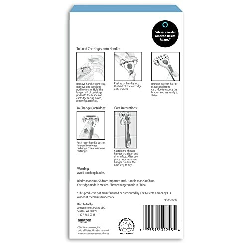 Back of Amazon Basics razor package with instructions for loading and changing cartridges.