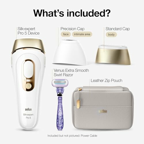 Contents of Braun Silk-expert Pro 5 package including device, caps, razor, and pouch.