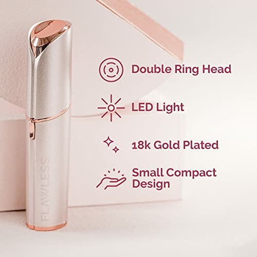 Compact gold-plated hair remover with features listed.