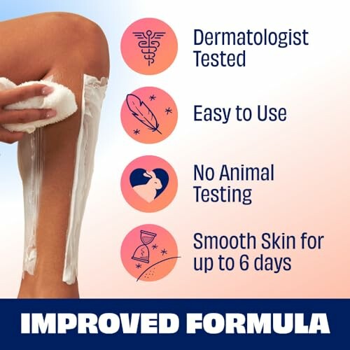 Hair removal cream benefits: dermatologist tested, easy to use, no animal testing, smooth skin up to 6 days.