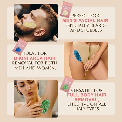 Hair removal cream applications on facial hair, bikini area, and full body.