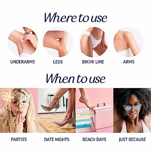 Guide on where and when to use hair removal products, including underarms, legs, bikini line, arms for parties, date nights, beach days, and just because.