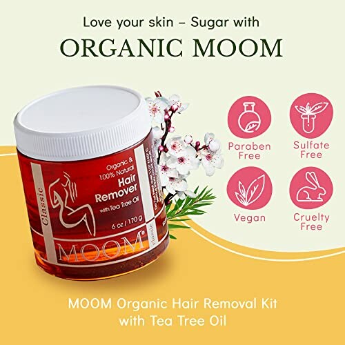 MOOM Organic Hair Removal Kit with Tea Tree Oil, paraben-free, sulfate-free, vegan, cruelty-free.