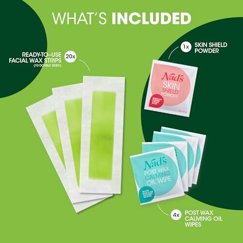 Nad's facial wax strips kit with skin shield powder and post wax calming oil wipes.