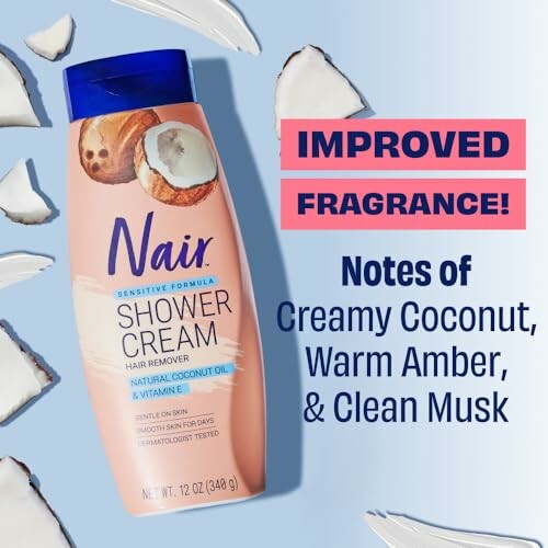 Nair Shower Cream with coconut scent and improved fragrance.