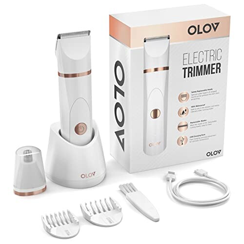 OLOV electric trimmer set with charging dock, attachments, and packaging.