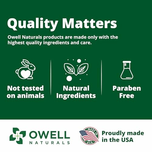 Owell Naturals quality assurance with icons for no animal testing, natural ingredients, paraben free.