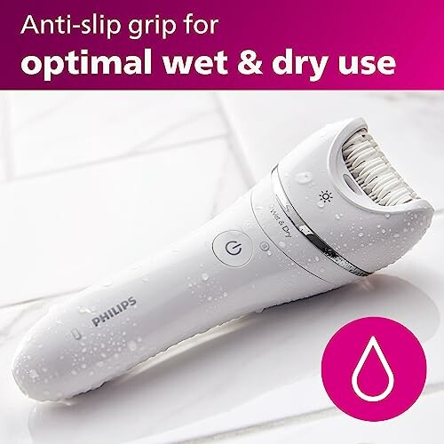 Philips epilator featuring anti-slip grip for wet and dry use.