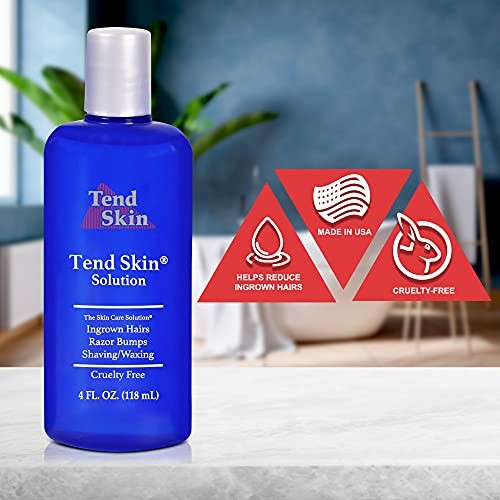 Tend Skin Solution bottle with product benefits on a counter.