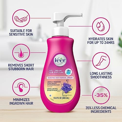 Veet gel cream hair remover bottle with benefits highlighted