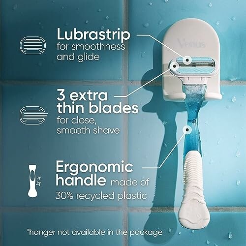 Venus razor with lubrastrip, 3 extra thin blades, and ergonomic handle.