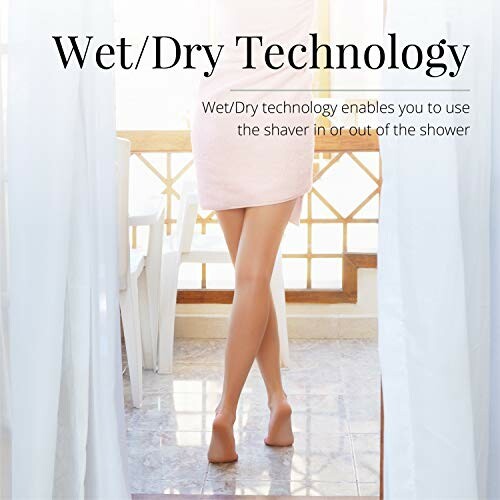 Person standing with smooth legs, highlighting wet/dry technology for shaver use